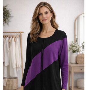 Misook Woman 2X Black Purple Colorblock Knit Cardigan Hook Eye Closure Jacket
